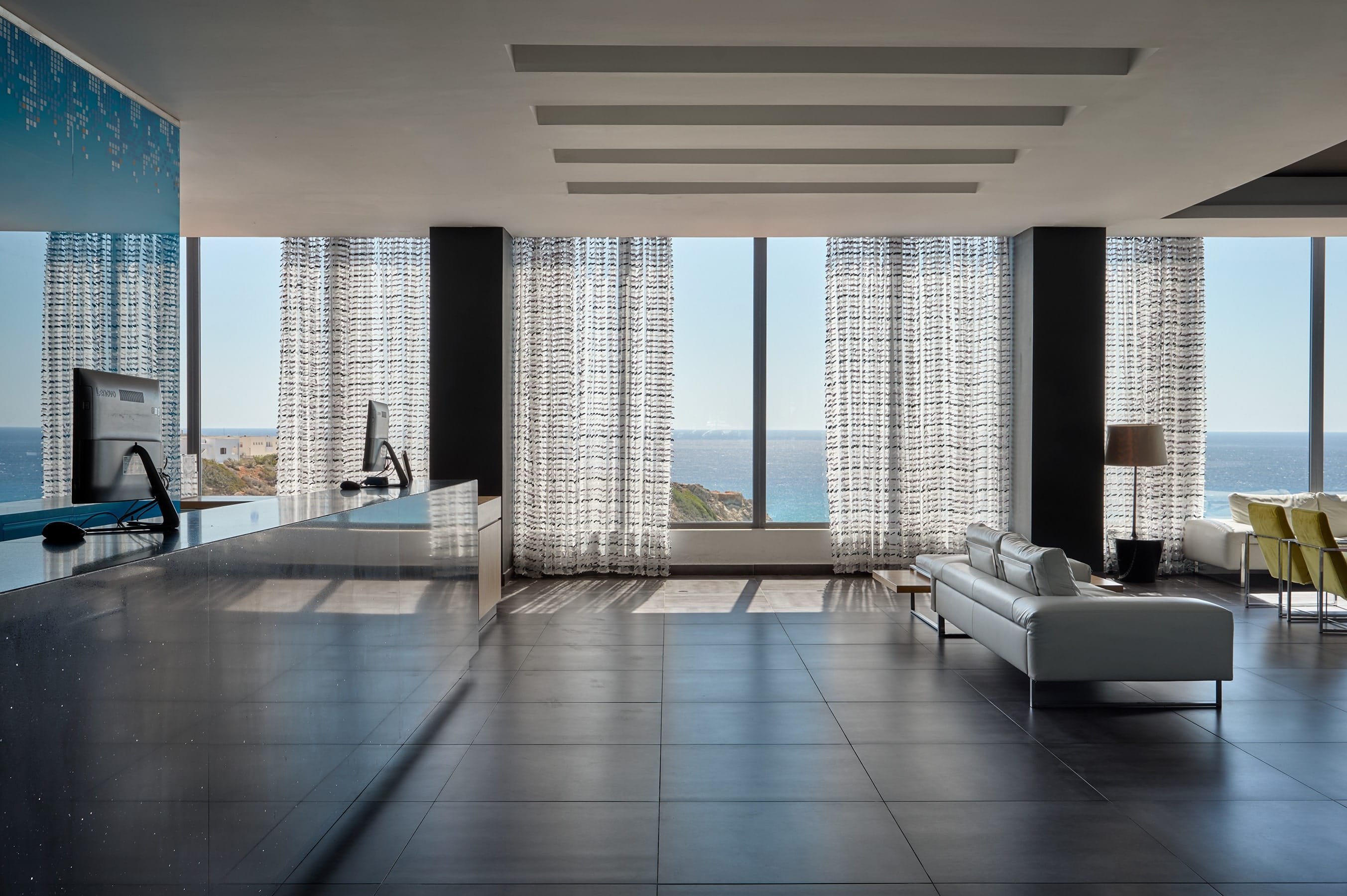 a large room with a large window