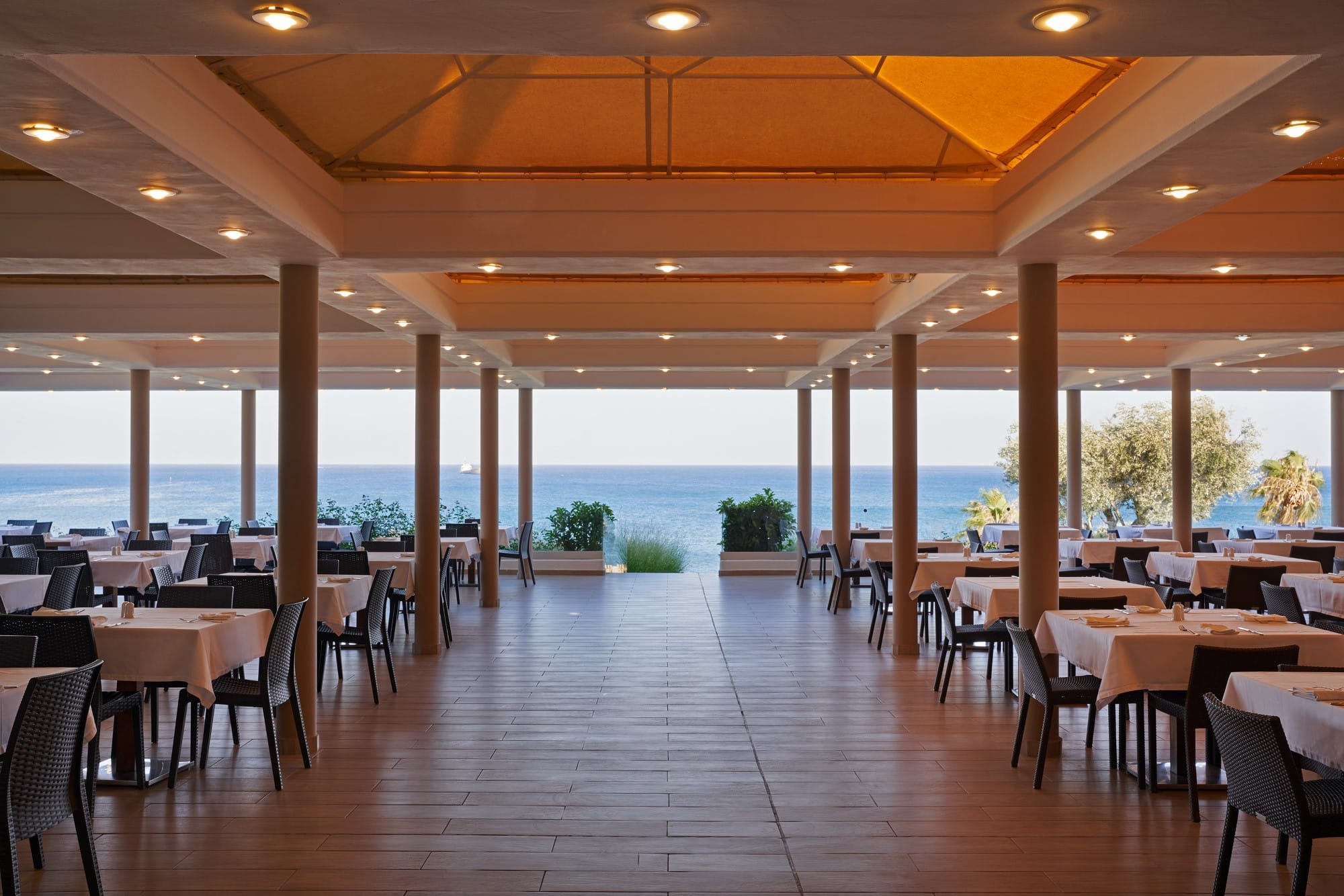 a room with tables and chairs