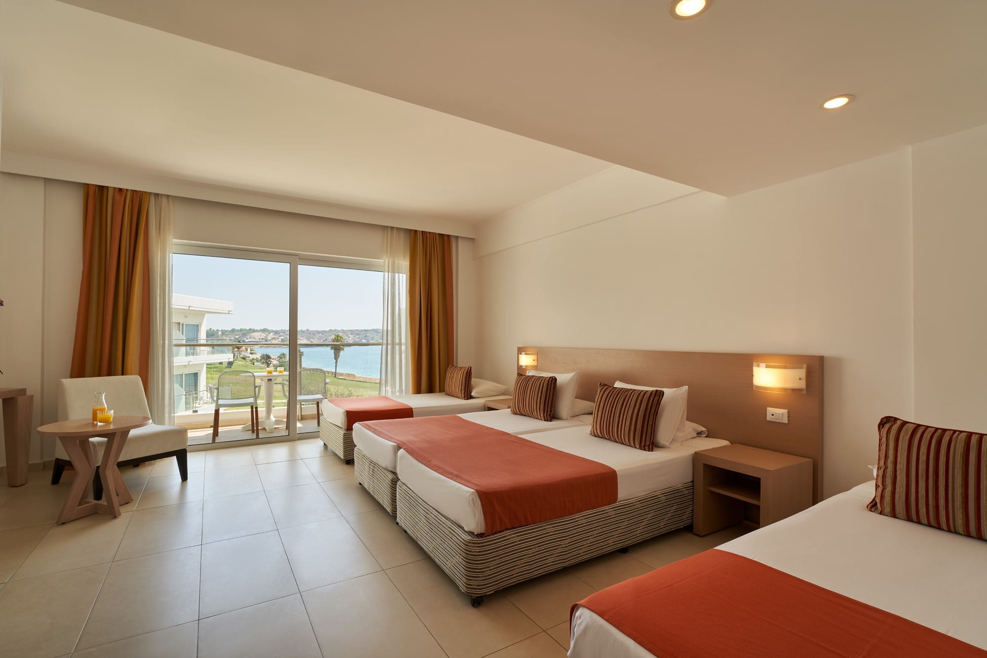 a hotel room with two beds