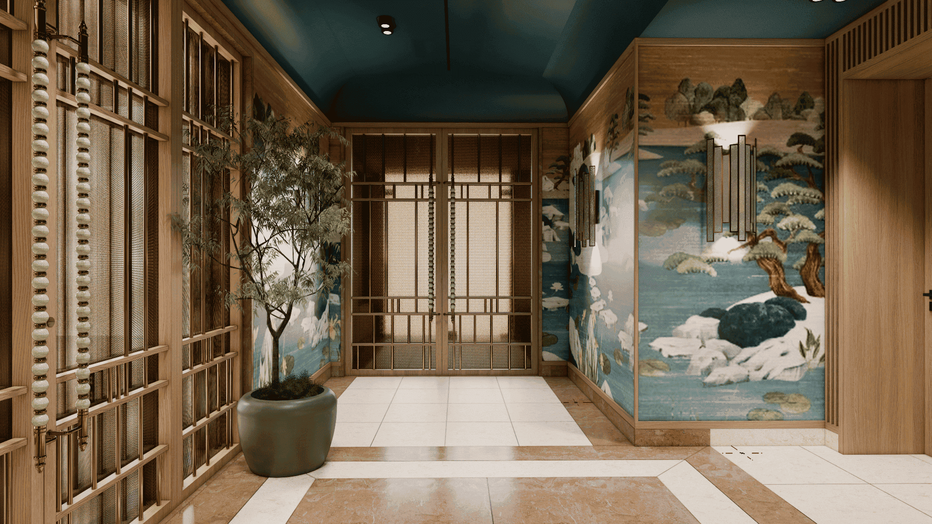 a room with a large painting on the wall