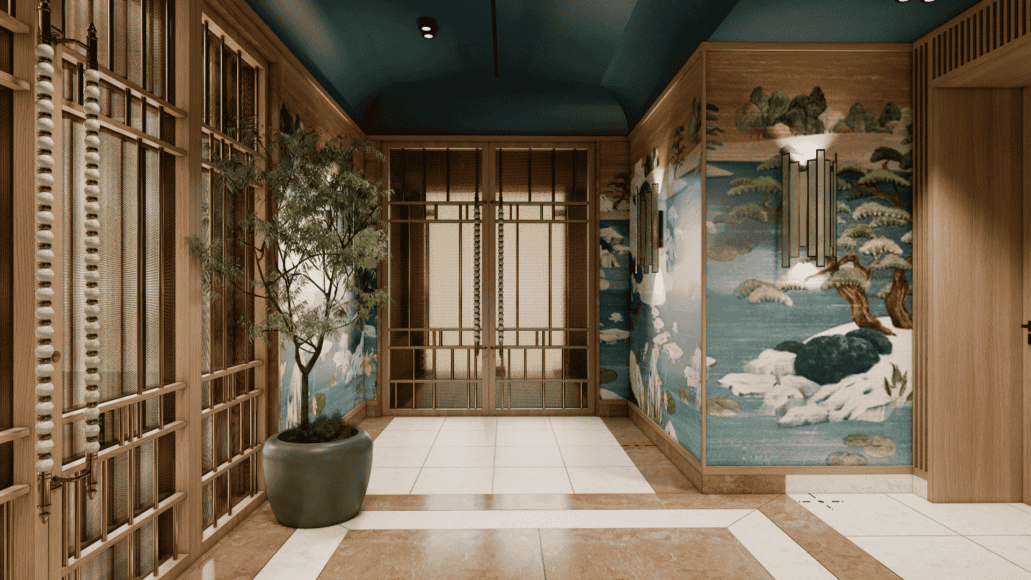 a room with a large painting on the wall