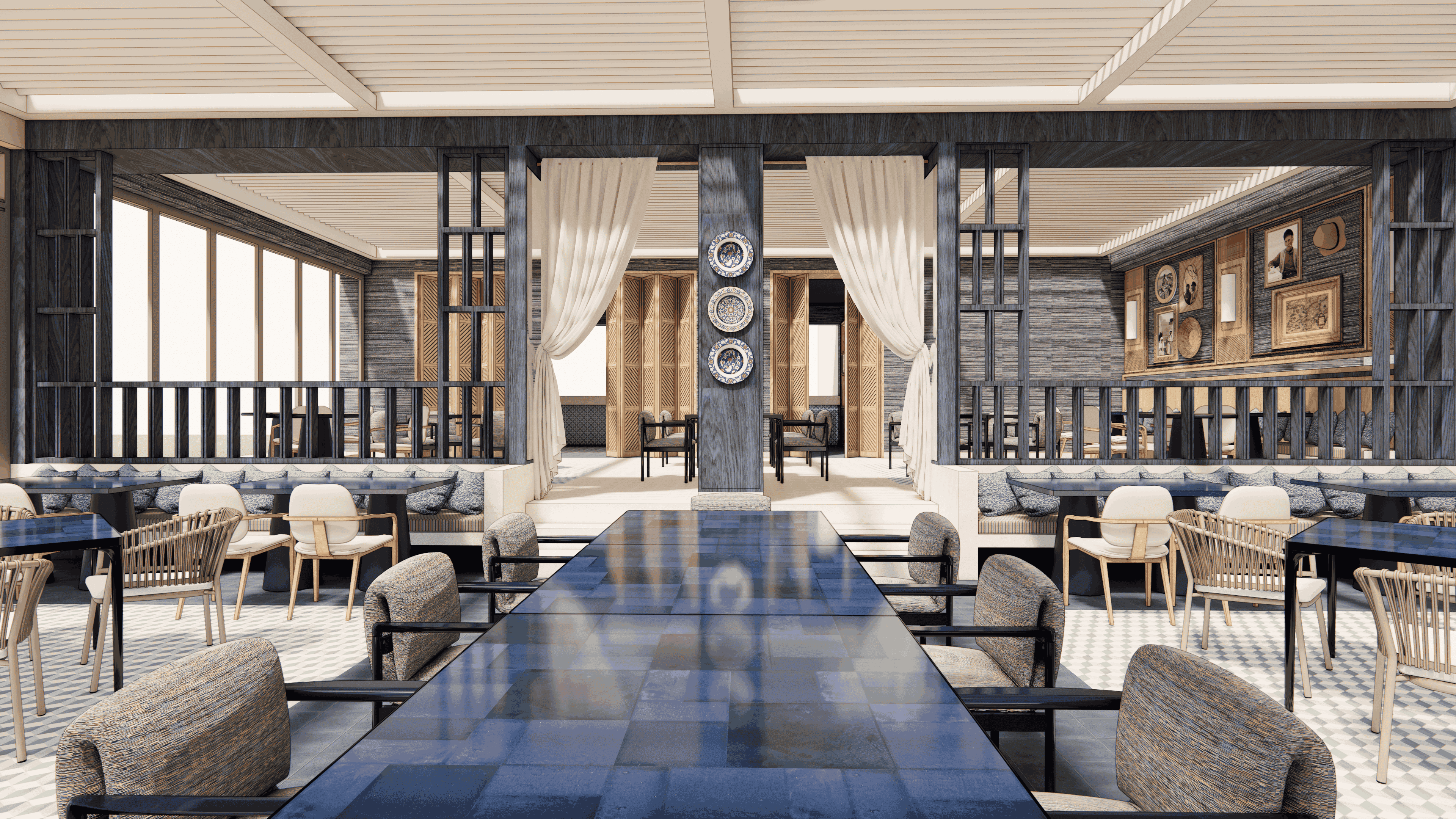 a room with tables and chairs