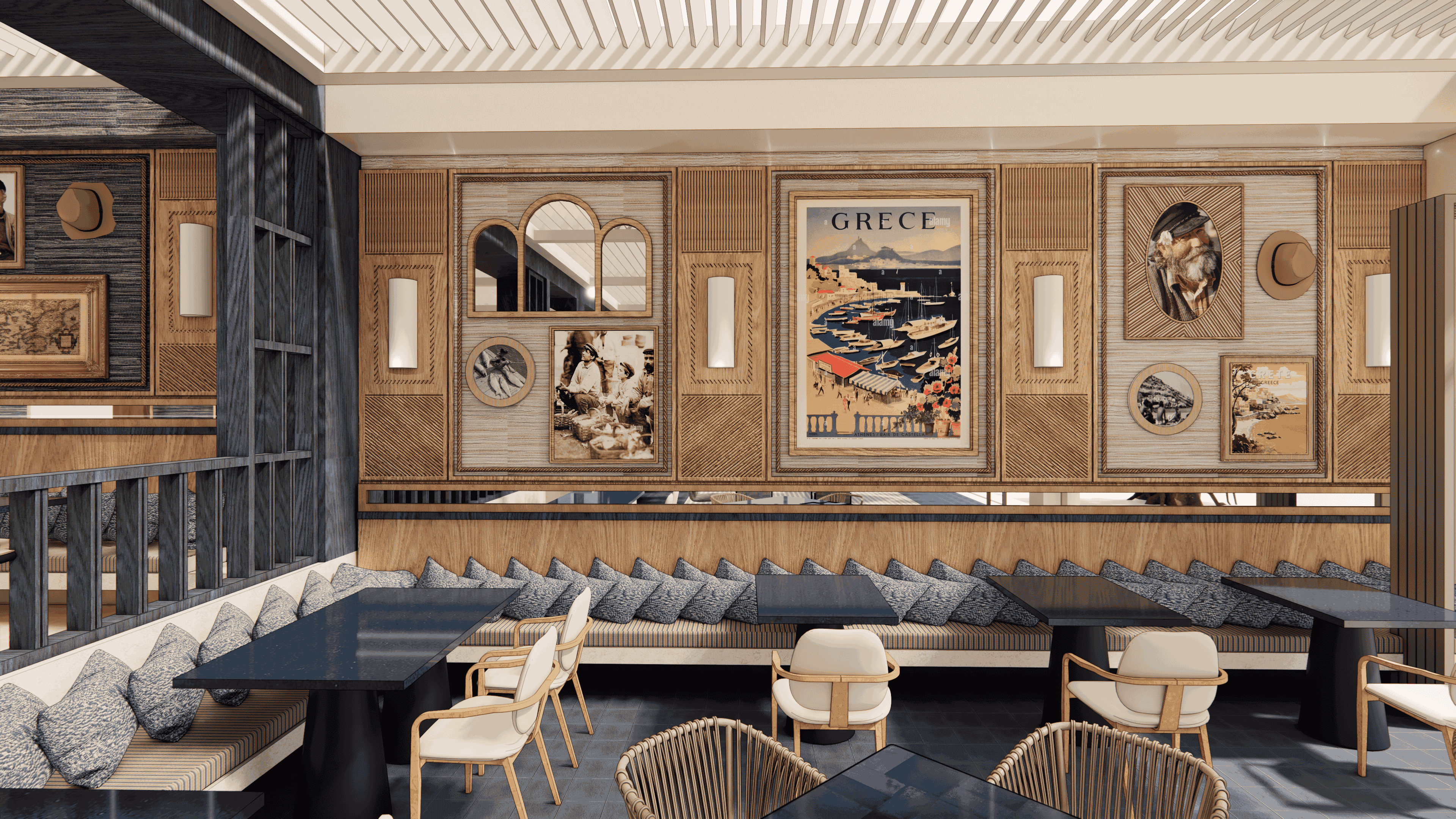 a room with tables and chairs