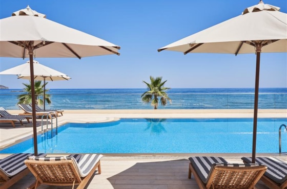 a pool with chairs and umbrellas by it