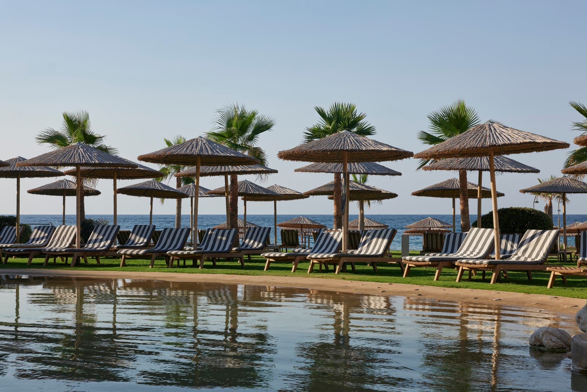 a beach with umbrellas and chairs