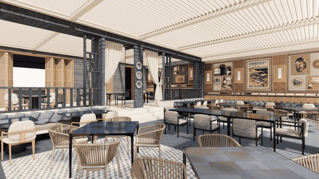 a room with tables and chairs