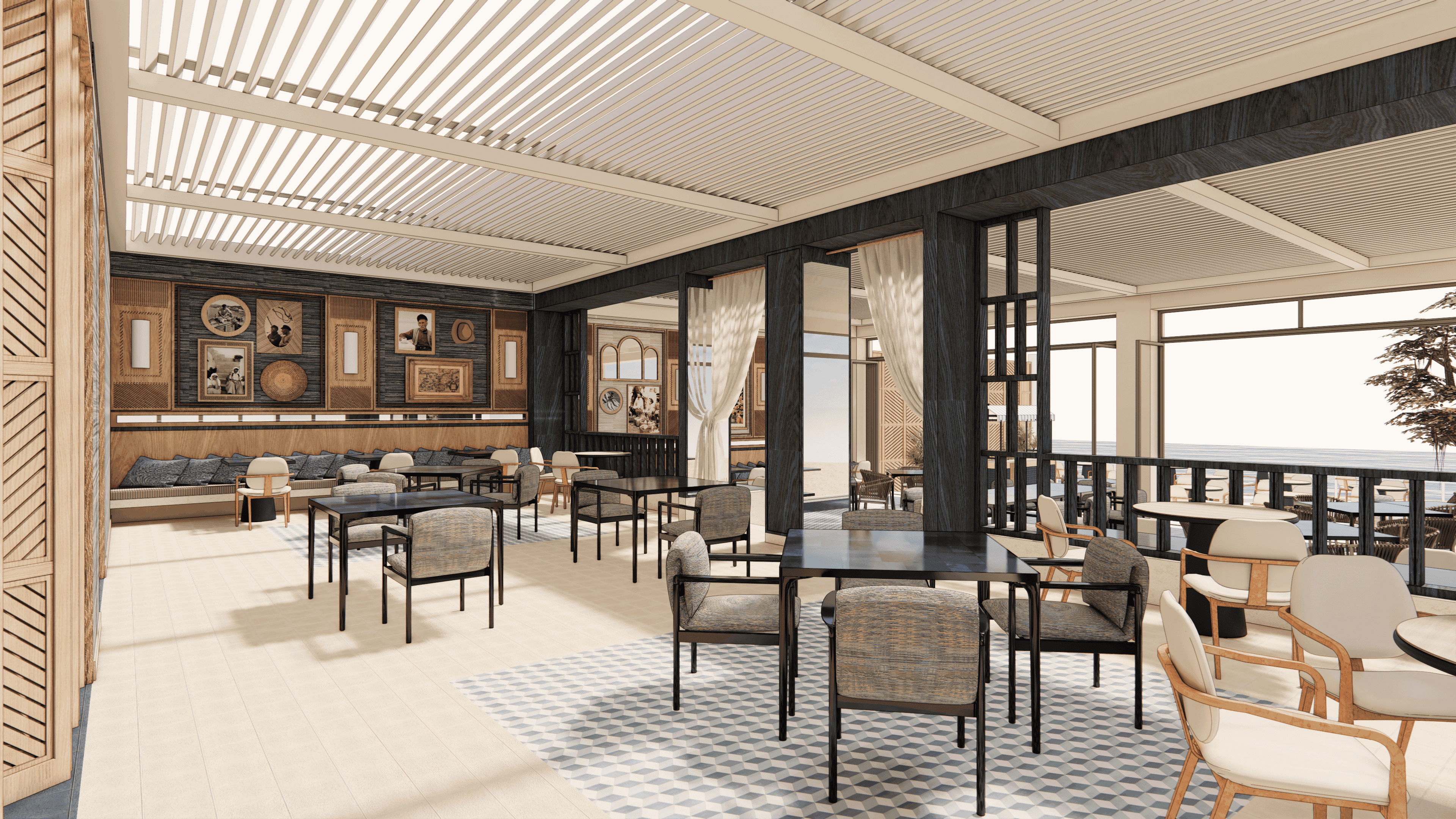 a room with tables and chairs