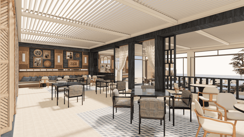 a room with tables and chairs