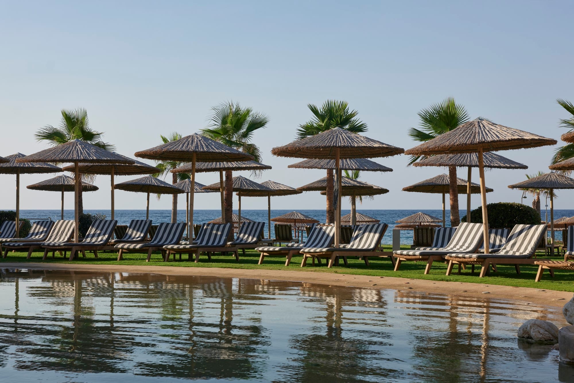 a beach with umbrellas and chairs