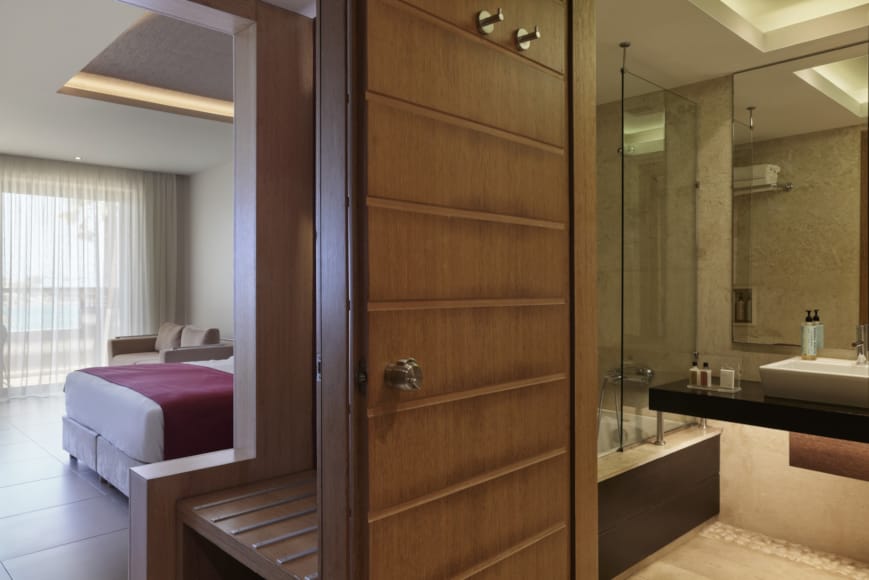 a bathroom with a large mirror