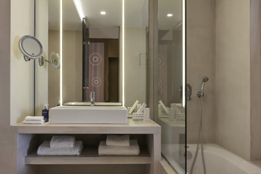 a bathroom with a glass shower