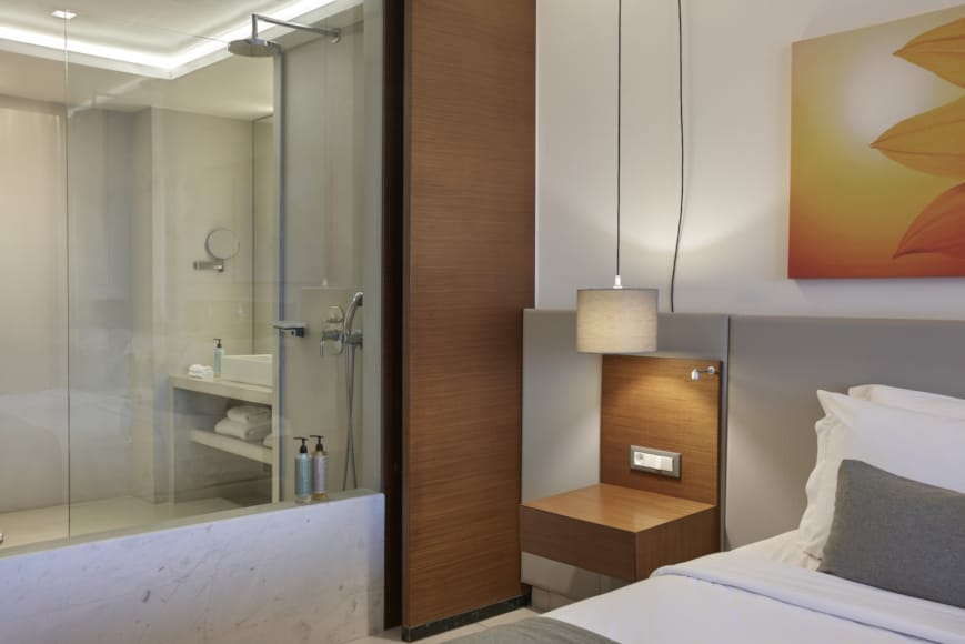 a bathroom with a glass shower
