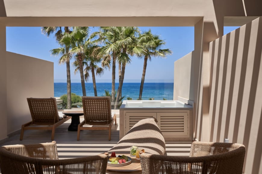 a room with a table and chairs and a window with palm trees