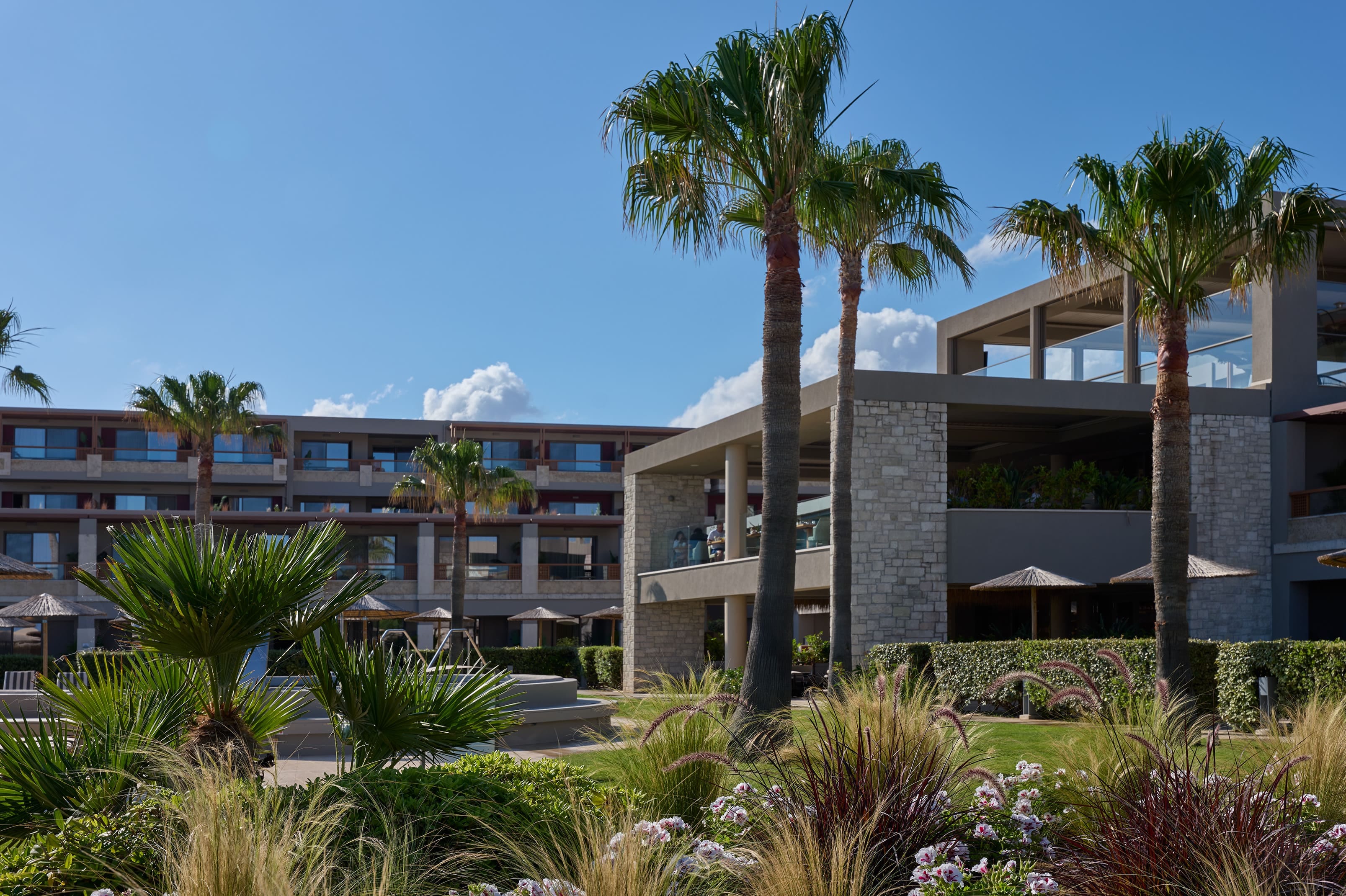 a building with palm trees and bushes