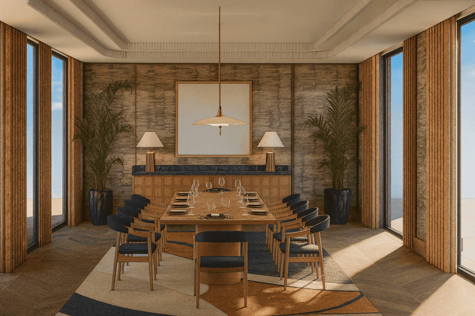 a dining room table with chairs