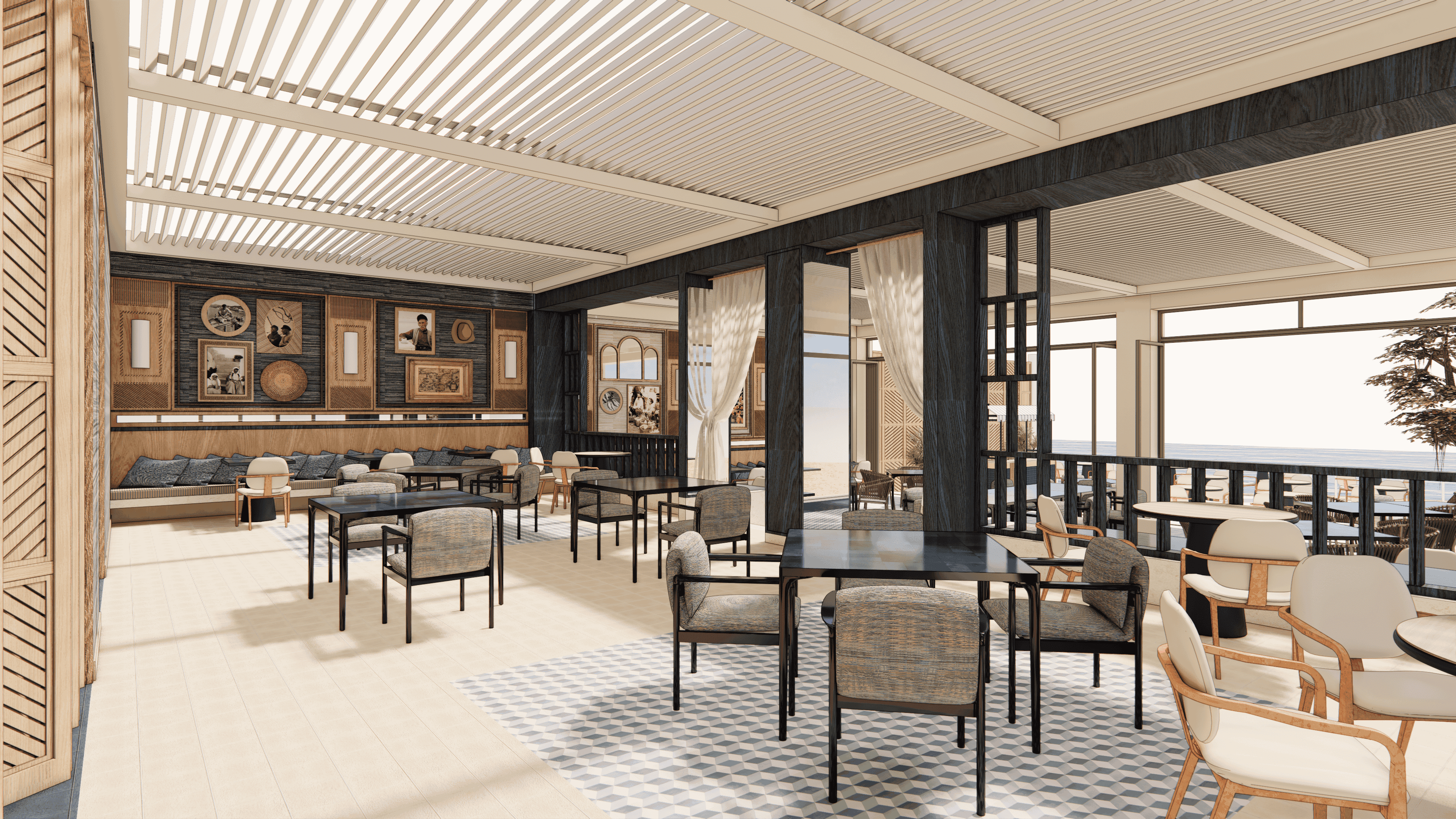 a room with tables and chairs