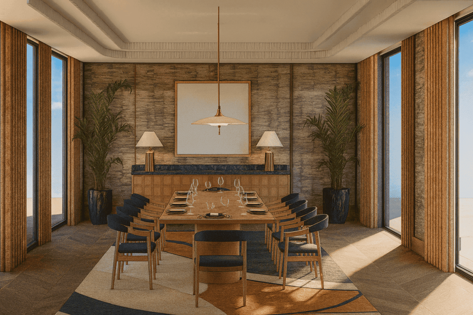 a dining room table with chairs