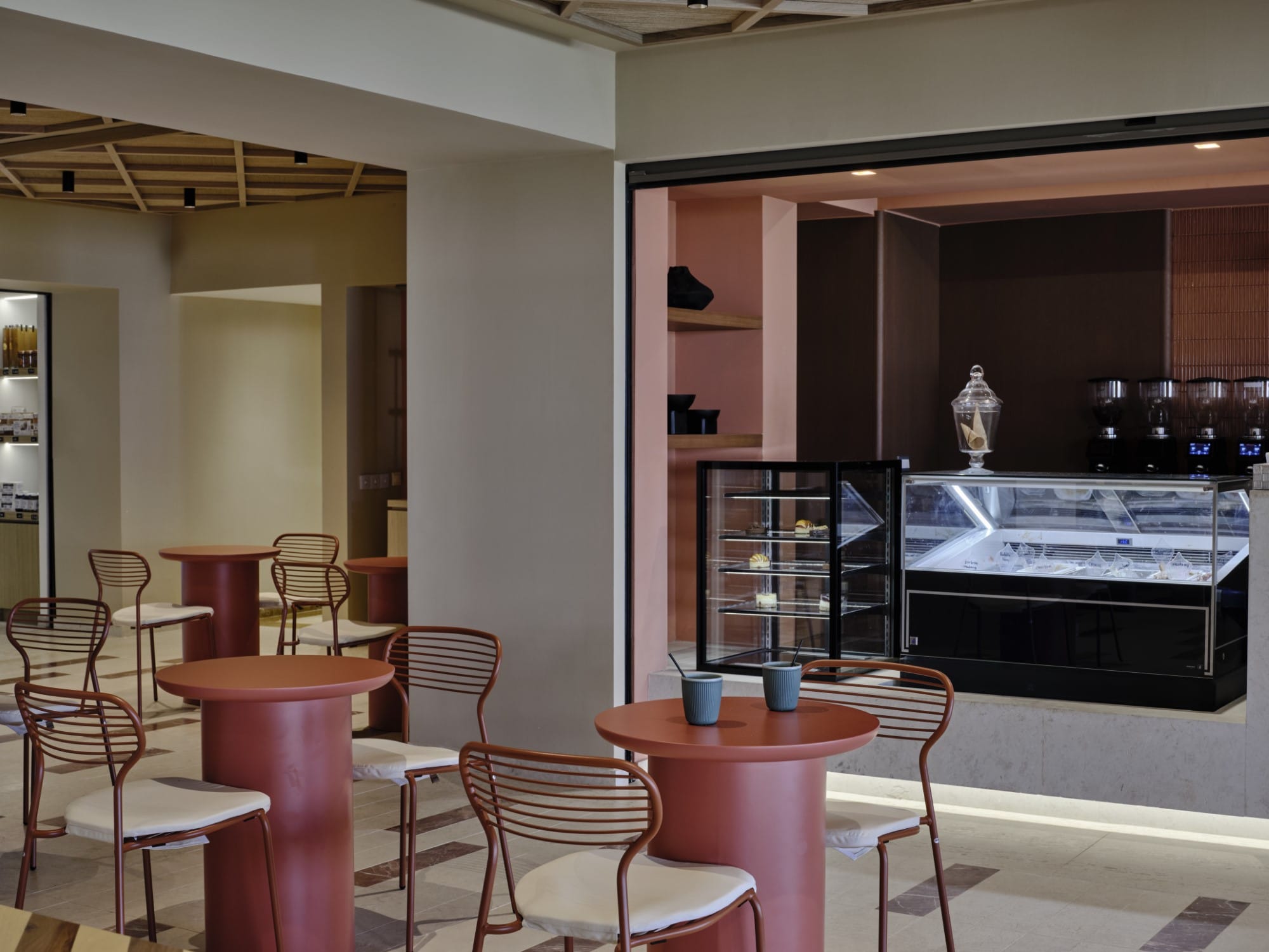 a room with tables and chairs