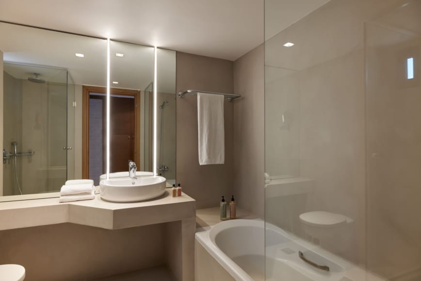 a bathroom with a glass shower
