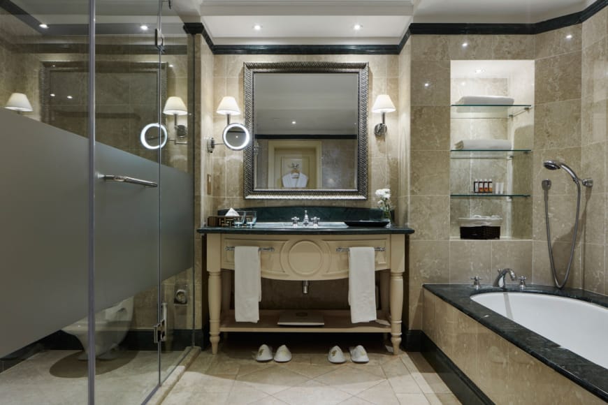 a bathroom with a glass shower