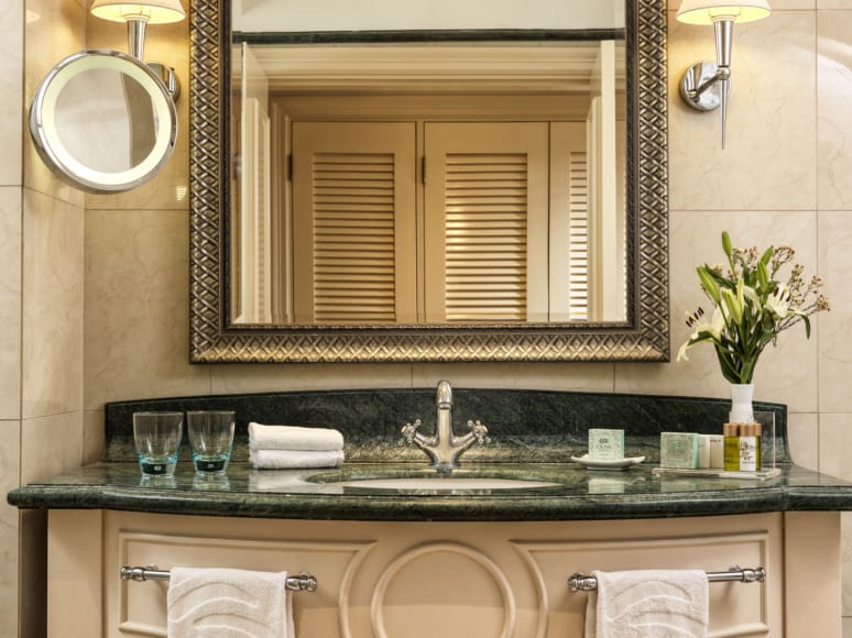 a bathroom with a large mirror