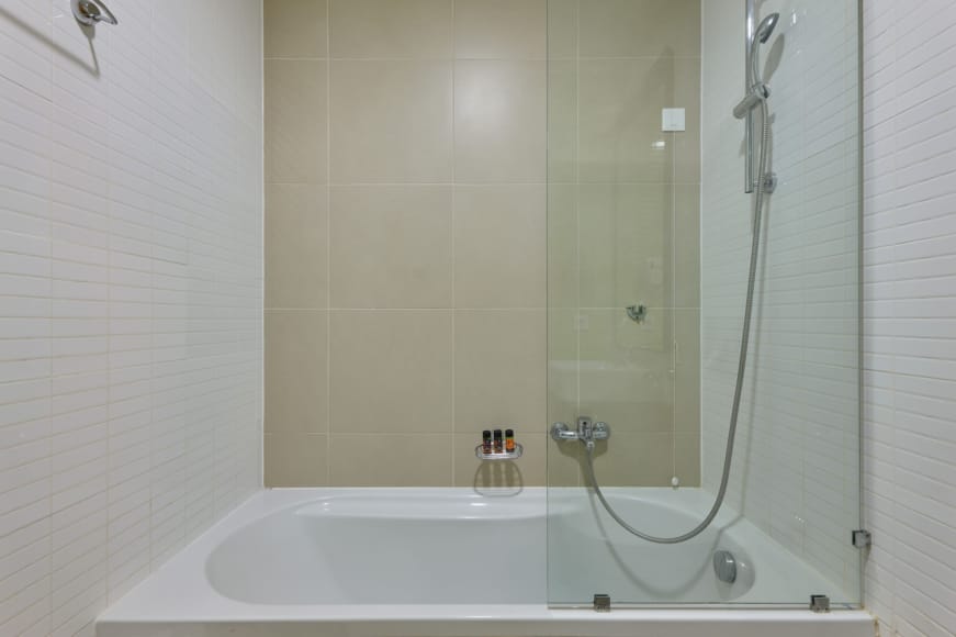 a shower with a glass door