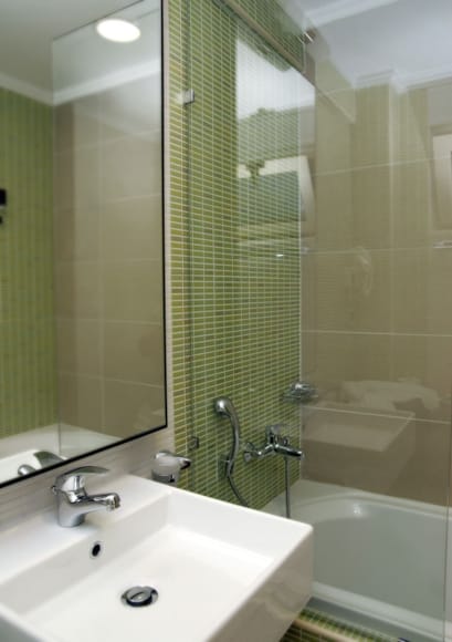 a bathroom with a glass shower