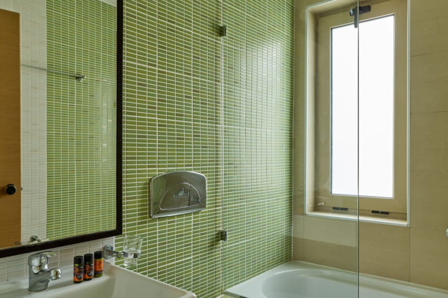 a bathroom with a glass shower