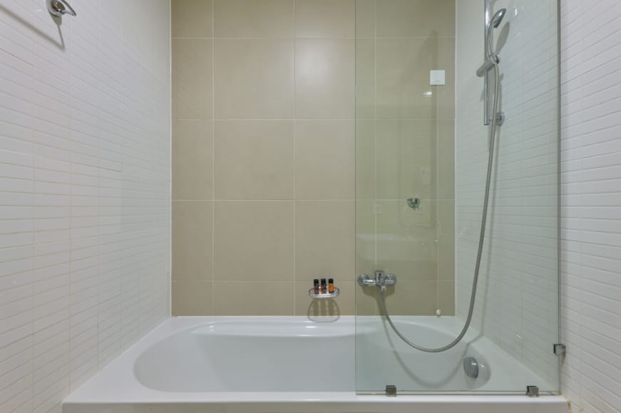 a shower with a glass door