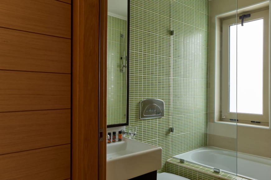 a bathroom with a glass shower