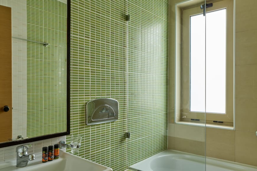 a bathroom with a glass shower