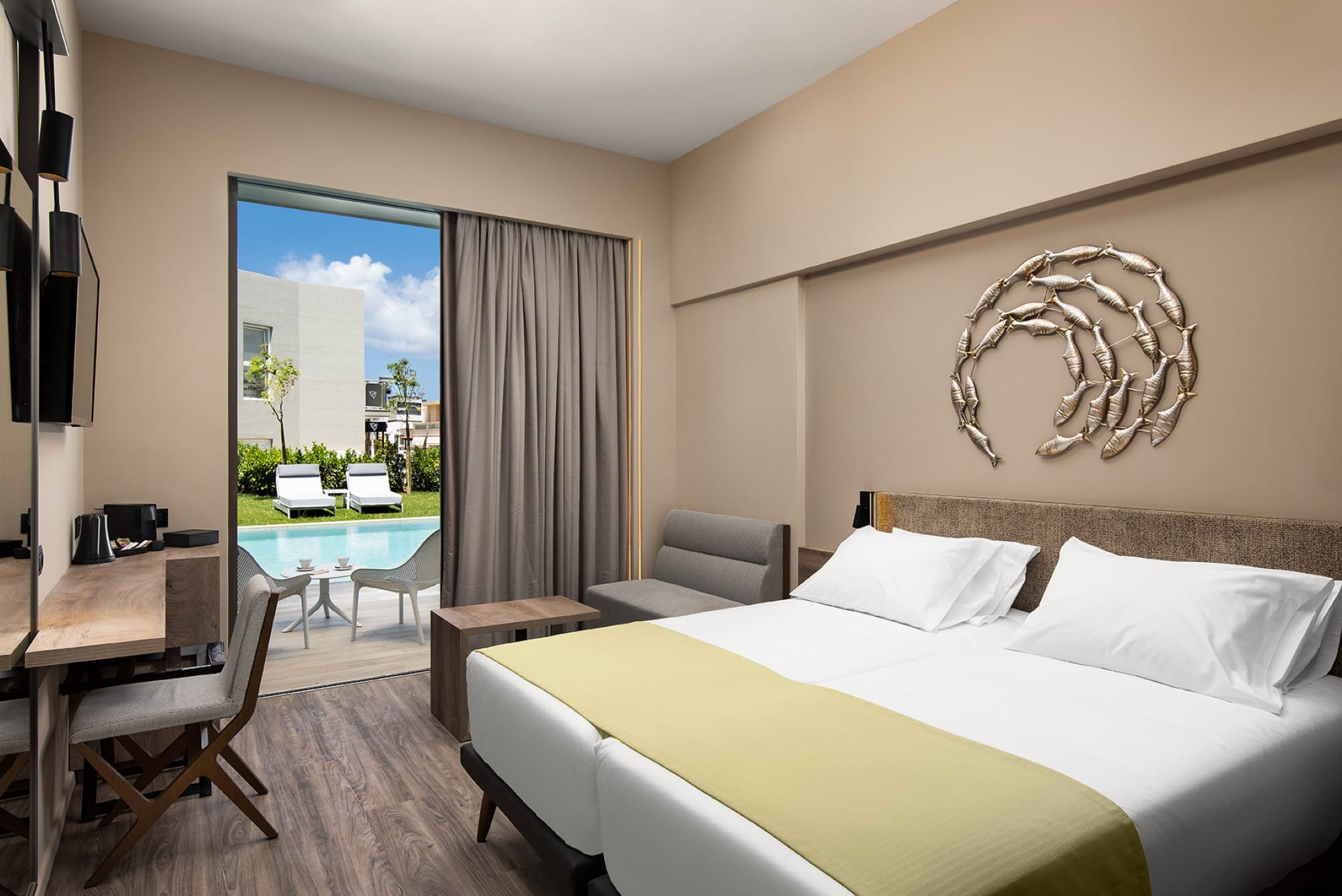 a bedroom with a large window