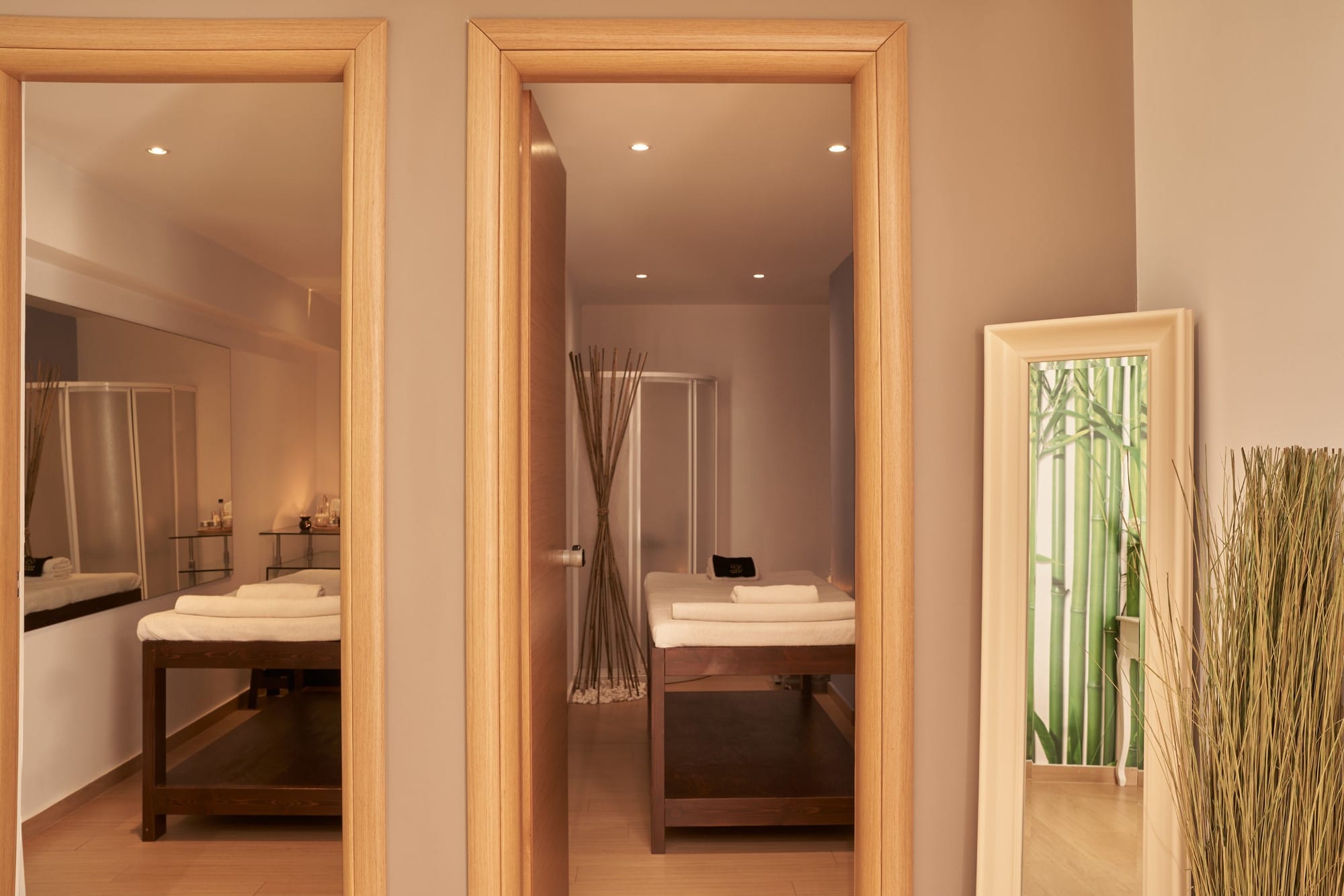 a bathroom with a large mirror