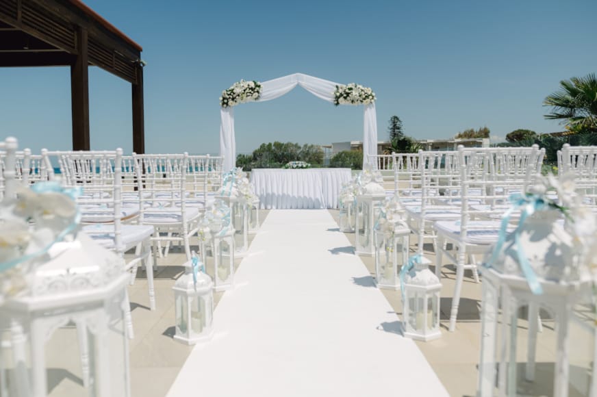 a row of white tables