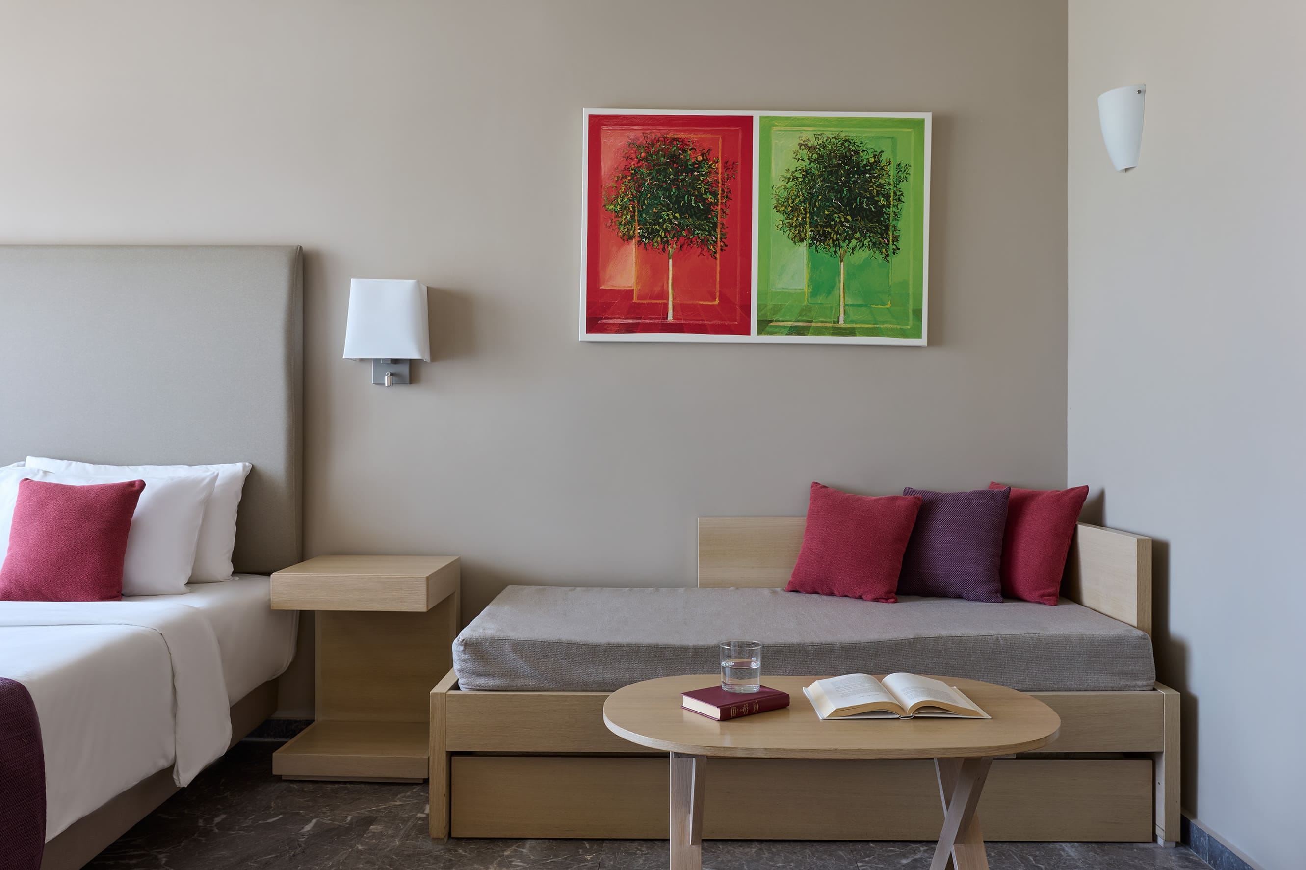 a room with a couch and a table with a coffee table