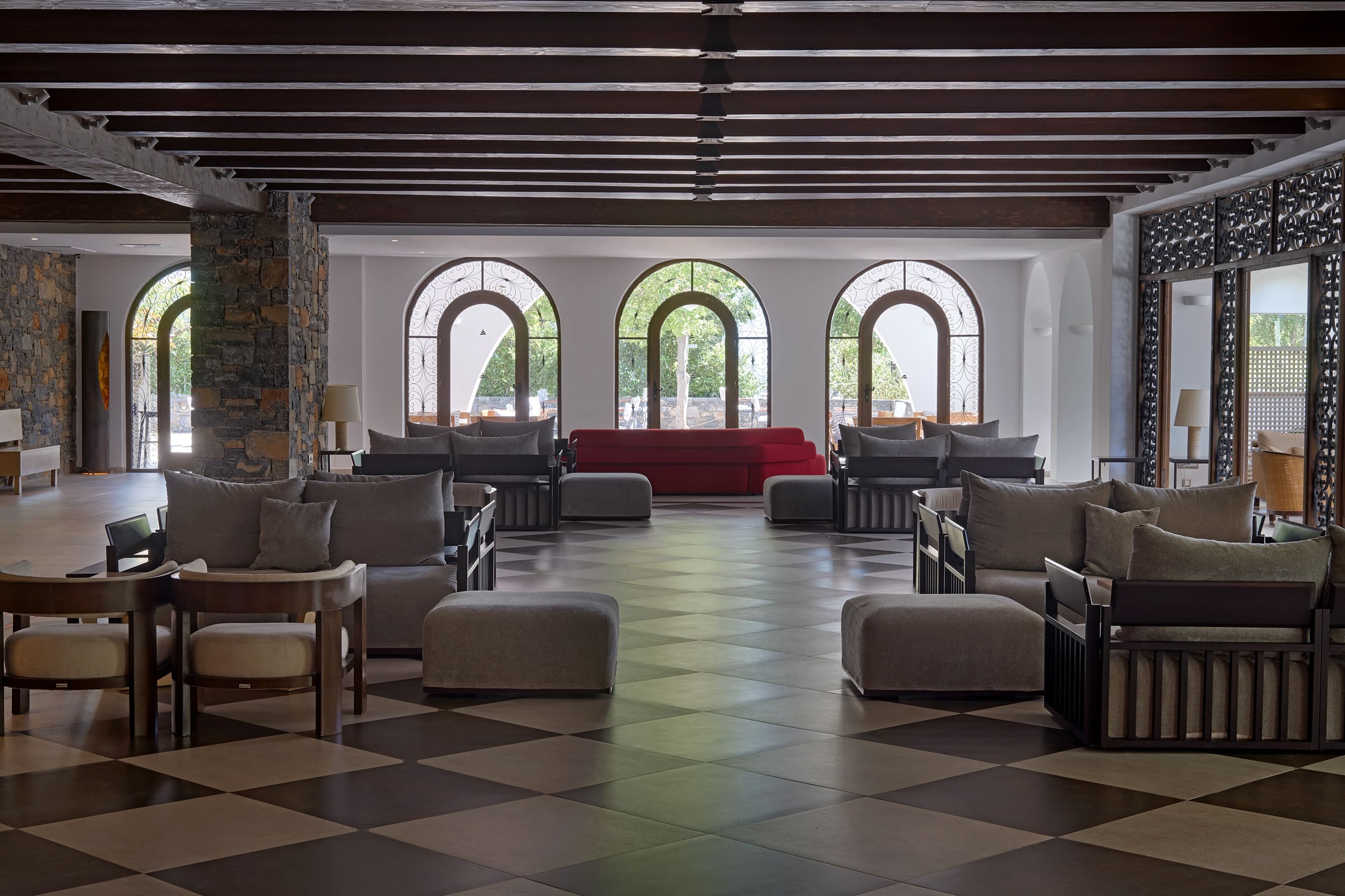 a room with chairs and tables