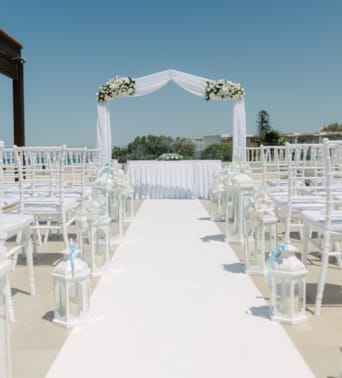 a row of white tables