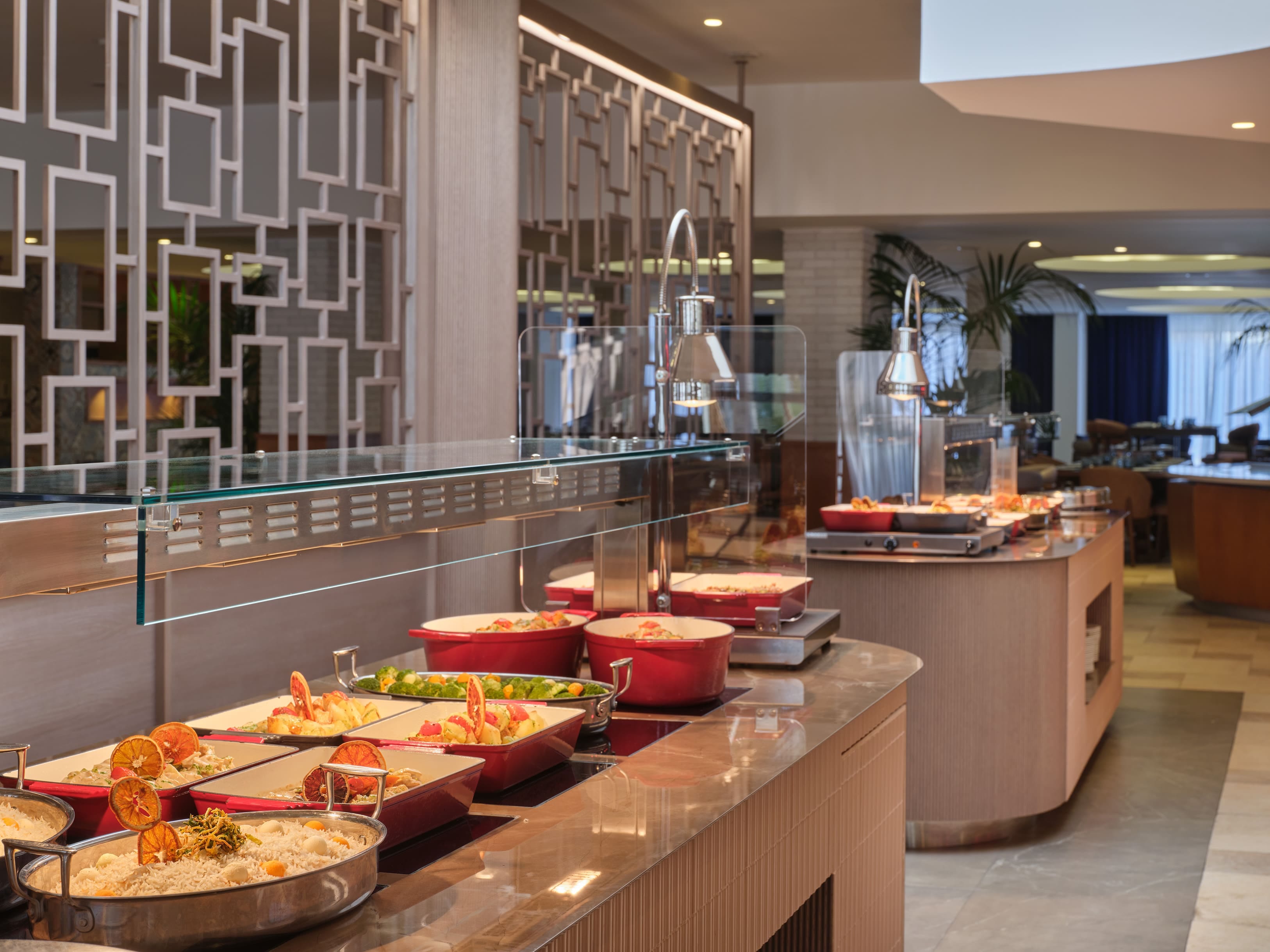 Rich Hotel Buffet Selection With Fresh Salads And Hot Dishes At Atlantica Oasis Hotel In Limassol