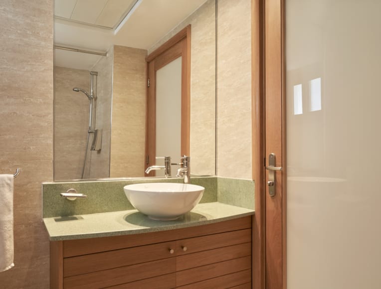 a bathroom with a marble sink