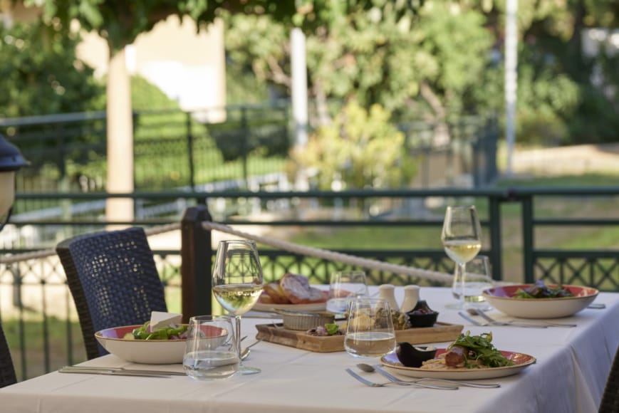 a table with food and glasses on it