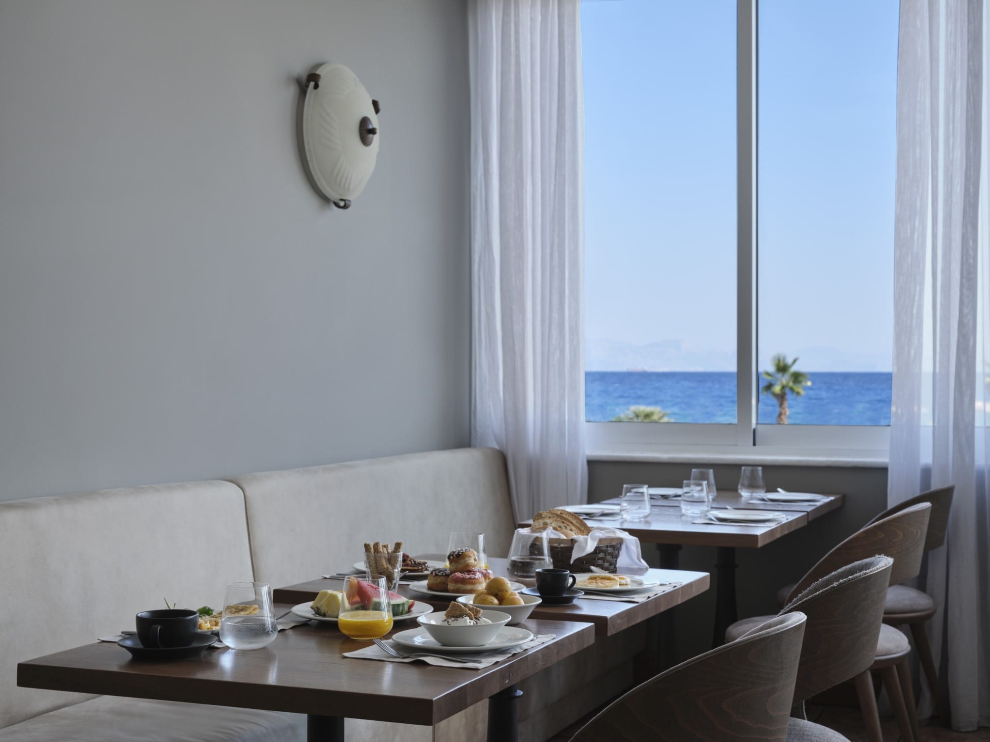 a table with food and a window