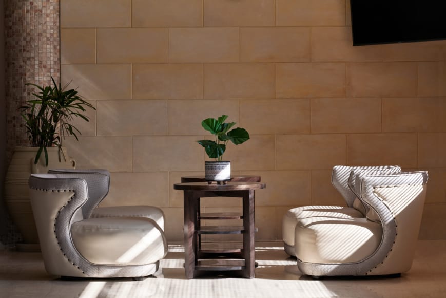 a room with white chairs and a table with a plant on it