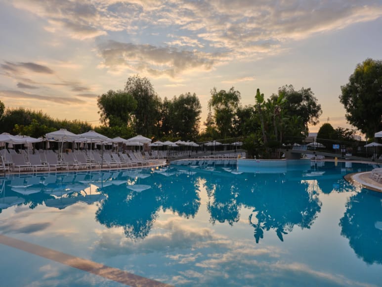 a pool of water with trees and buildings in the background