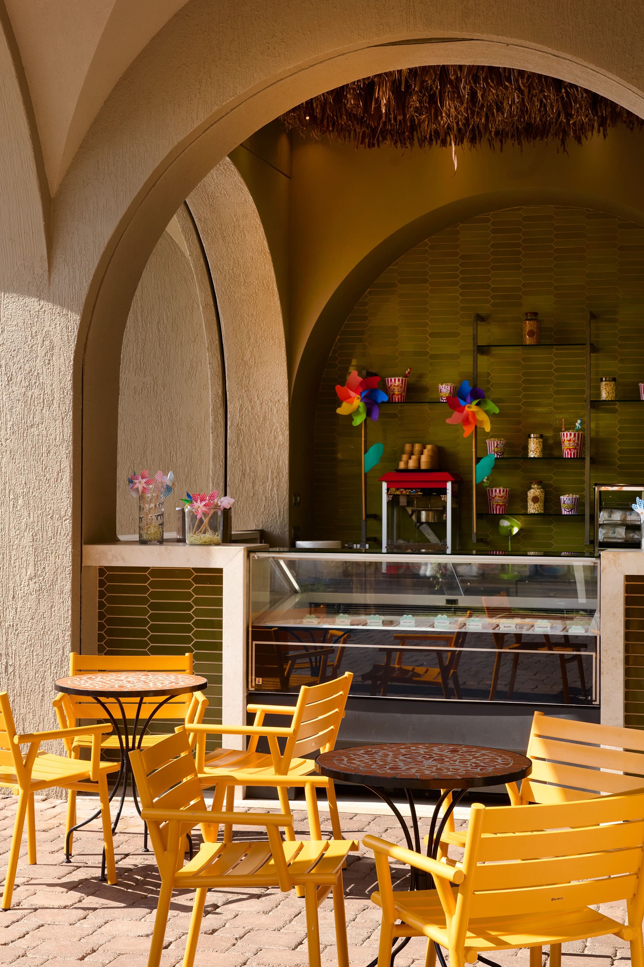 a room with tables and chairs