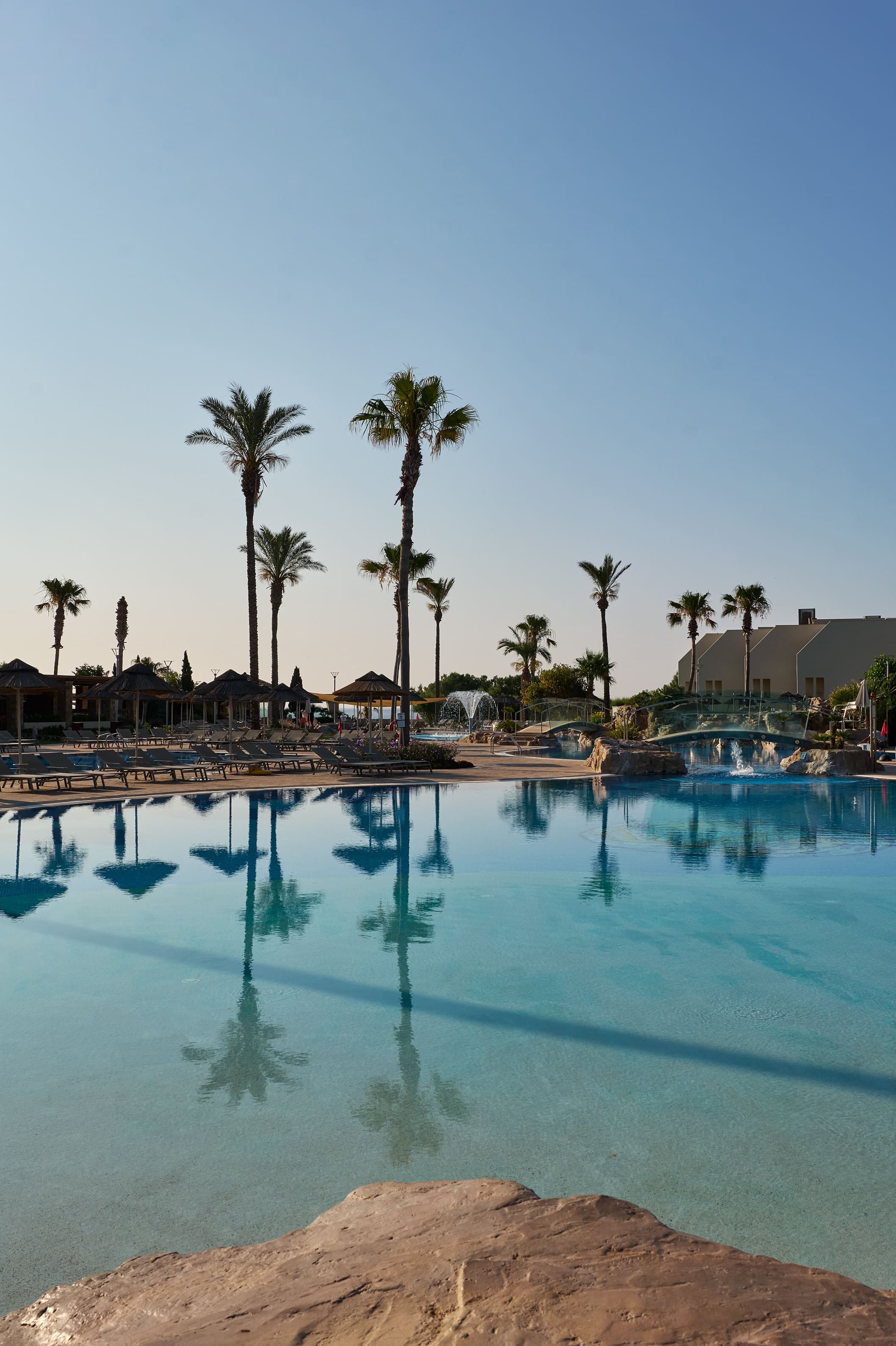 a body of water with palm trees and buildings around it