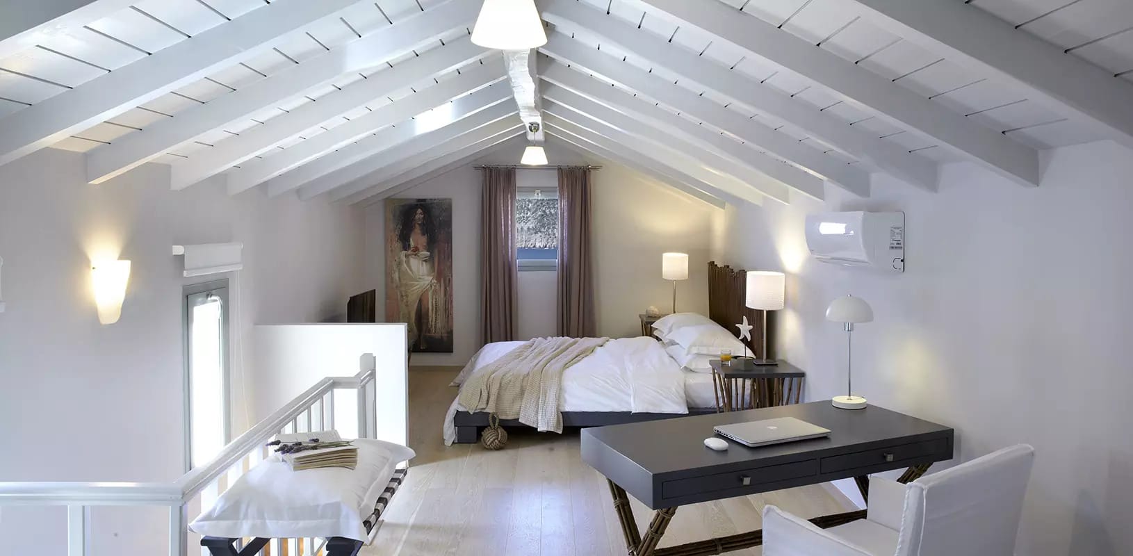 a hotel room with two beds