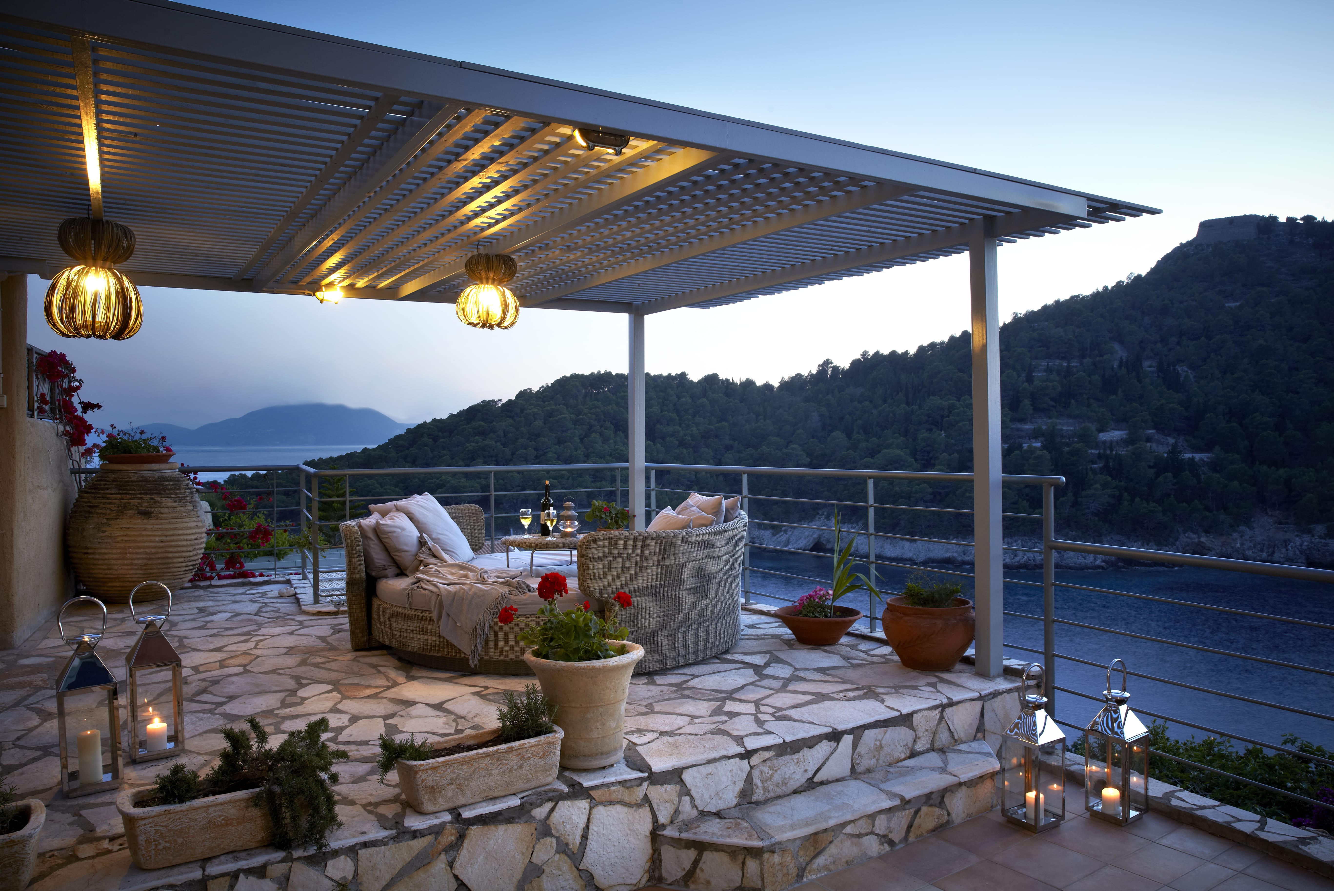 a patio with a covered patio