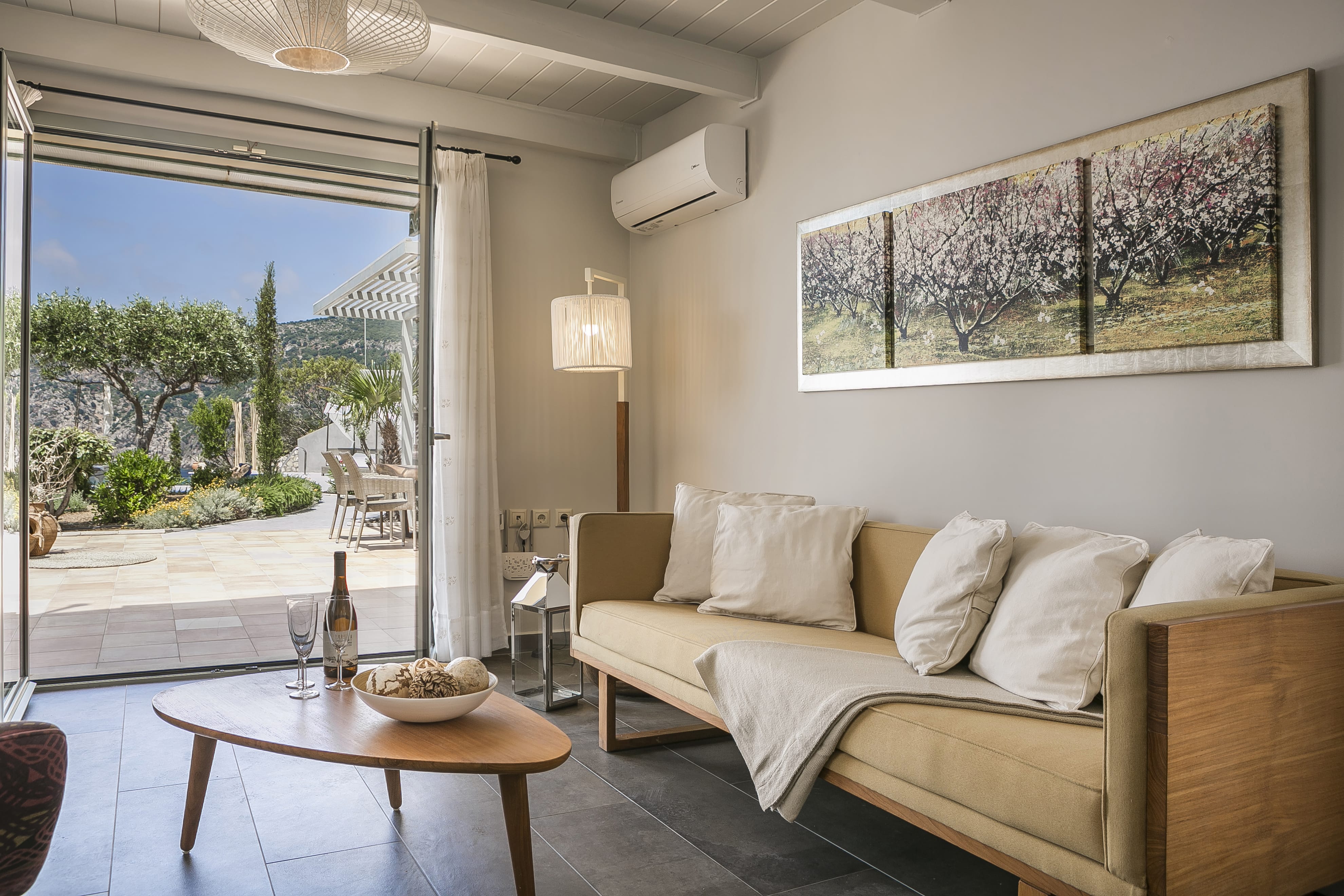 a living room with a couch and a table
