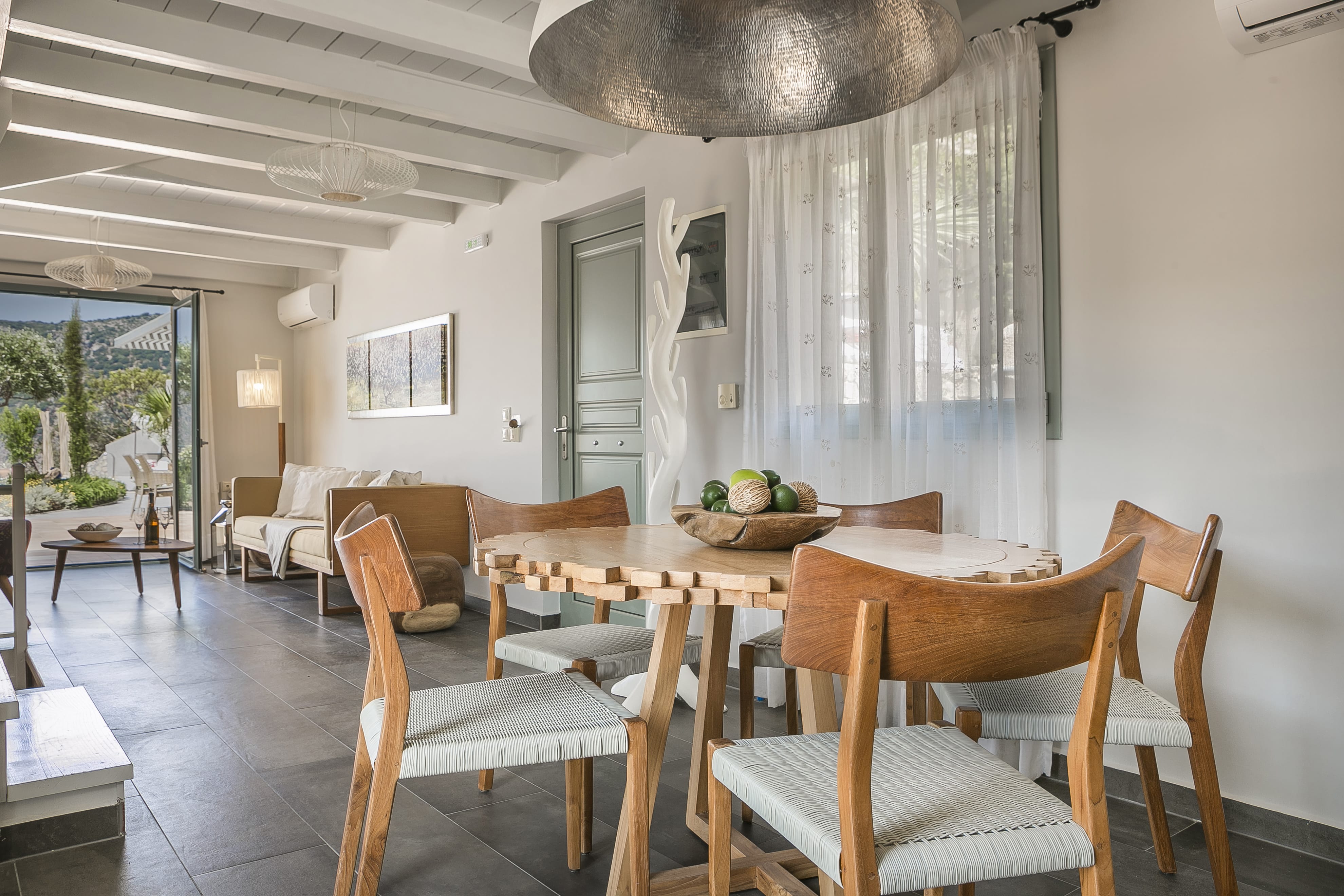 a dining room with a large table