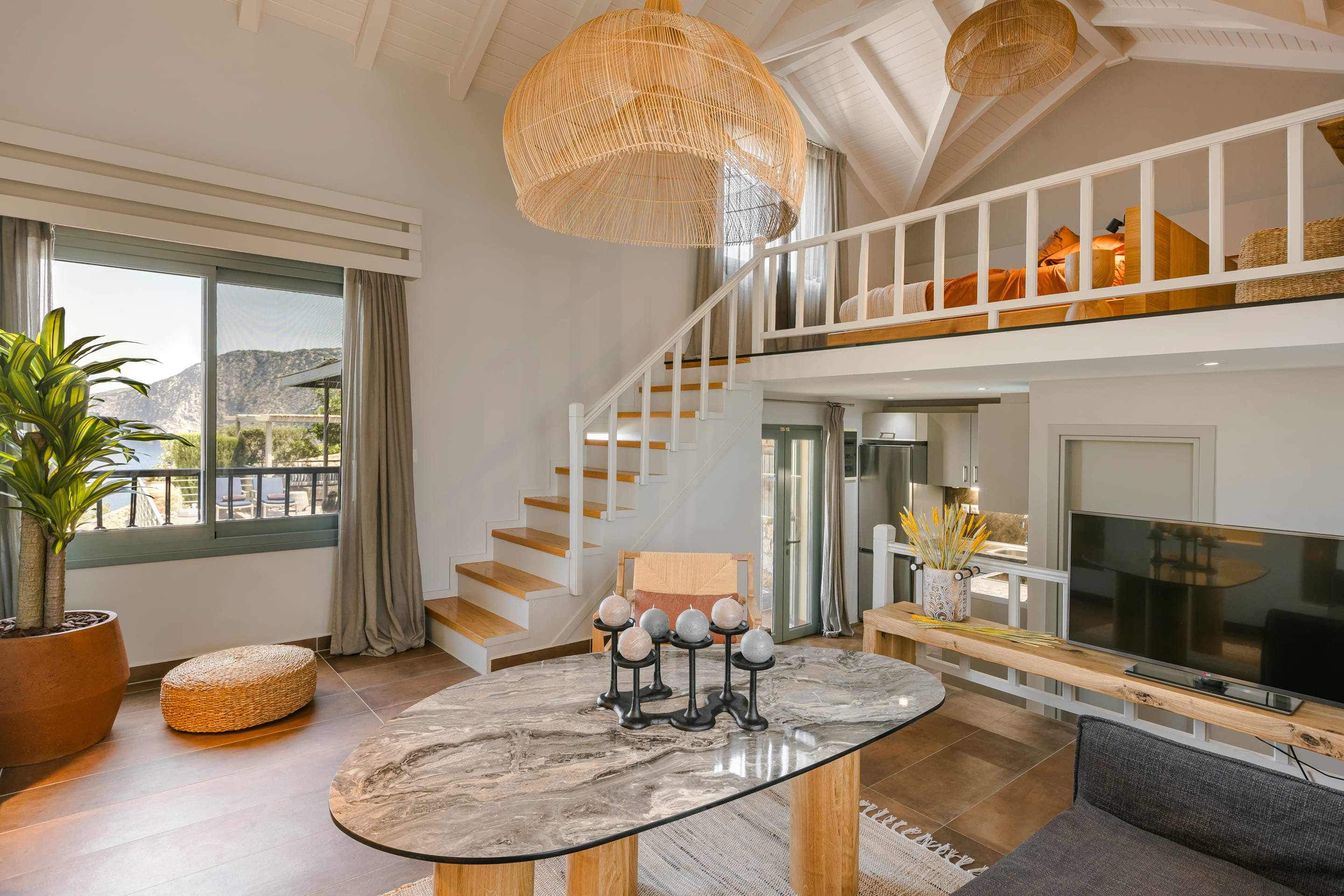 a room with a table and chairs